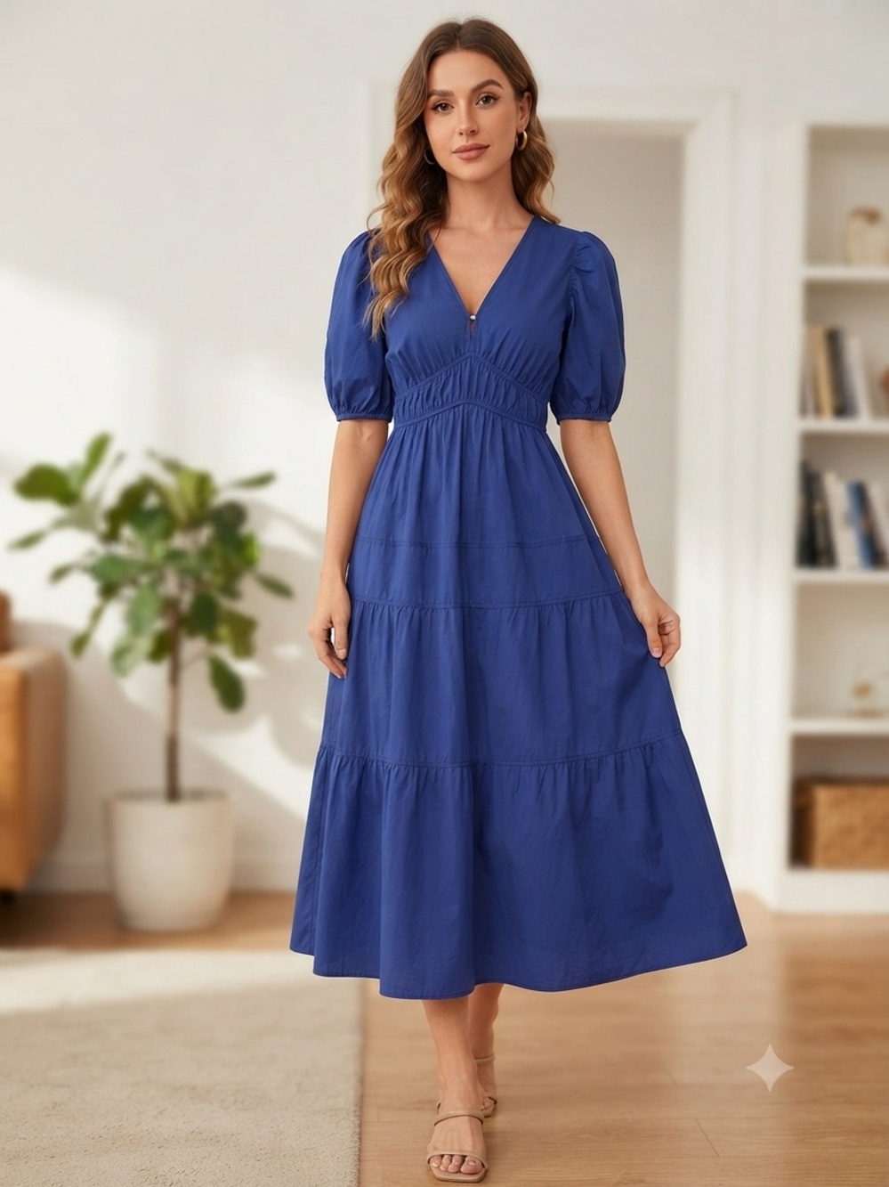 Sissyaki Blue Puff Sleeve V-Neck Empire Waist Midi Dress Size S